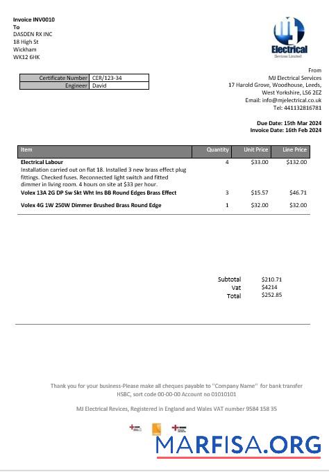 Downloadable United Kingdom MJ Electrical proof of address business utility bill template in Word and PDF formats